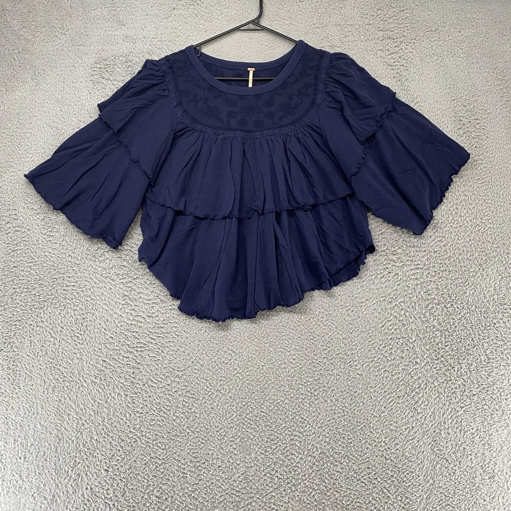 Free People Top Womens XL Rose Party Bell Sleeve Navy Boho Peasant Revolve